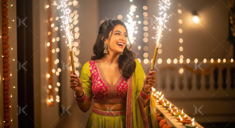 Young indian woman holding sparkler on diwali festival at home