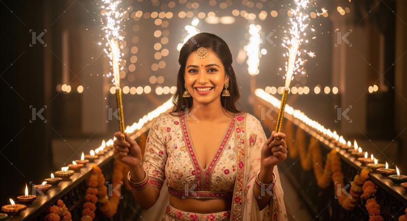 Young indian woman holding sparkler on diwali festival at home
