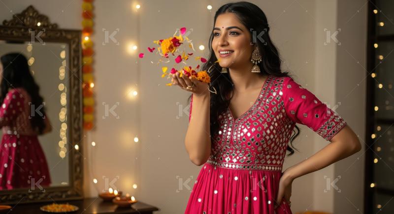 Young beautiful indian woman sprinkles flowers on diwali festiva