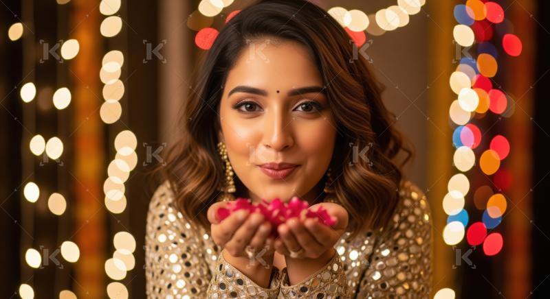 Young beautiful indian woman sprinkles flowers on diwali festiva