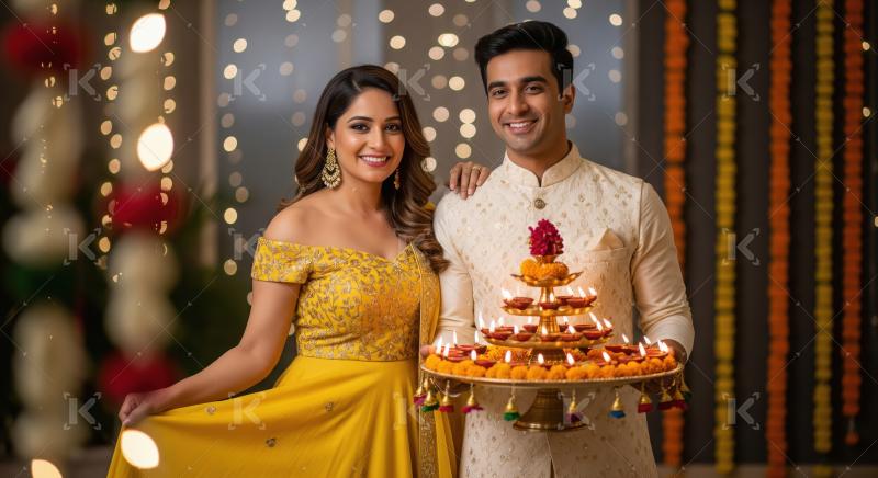 Young indian couple holding oil lamp plate celebrating diwali fe