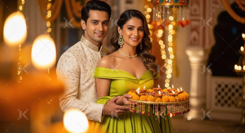 Young indian couple holding oil lamp plate celebrating diwali fe