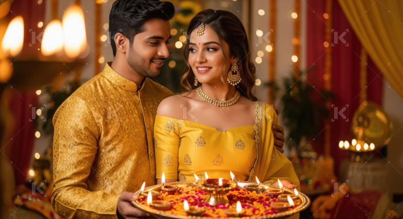 Young indian couple holding oil lamp plate celebrating diwali fe