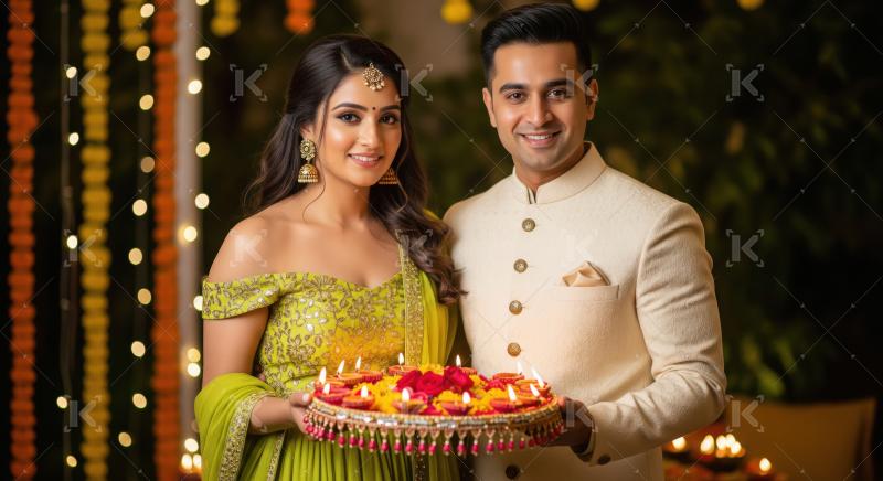 Young indian couple holding oil lamp plate celebrating diwali fe