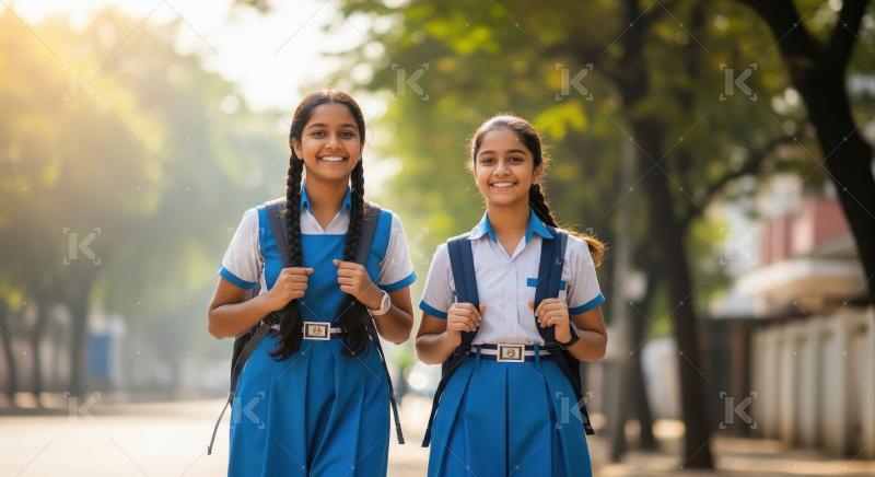 Happy indian school girl wearing uniform and going to the school