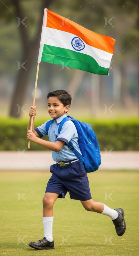Happy indian school children wearing uniform holding indian flag