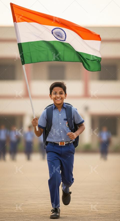Happy indian school children wearing uniform holding indian flag
