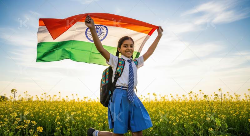Happy indian school children wearing uniform holding indian flag