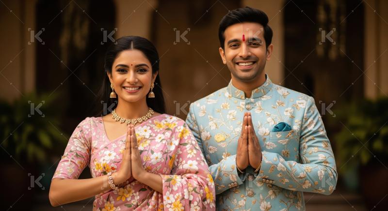 Young indian couple standing together and performing namaste ges