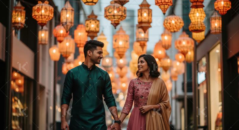 Young indian couple standing with hanging lanterns on diwali fes