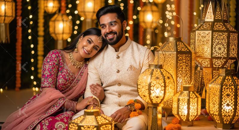 Young indian couple standing with hanging lanterns on diwali fes