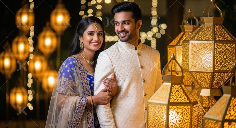 Young indian couple standing with hanging lanterns on diwali fes