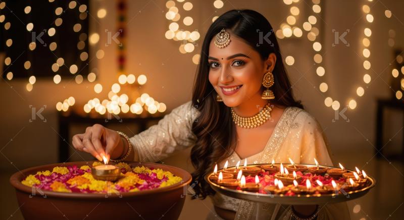 Young indian woman placing diya on diwali festival at home