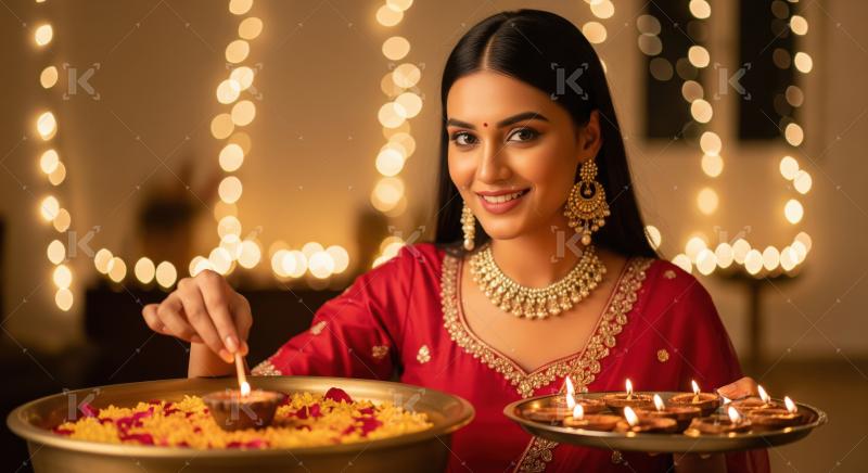Young indian woman placing diya on diwali festival at home