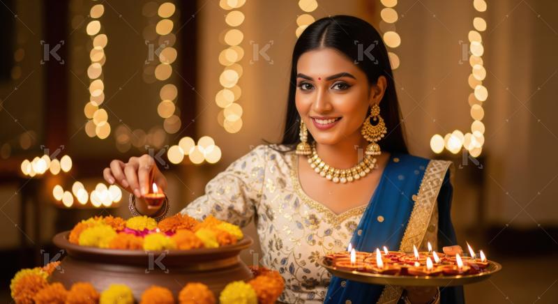 Young indian woman placing diya on diwali festival at home