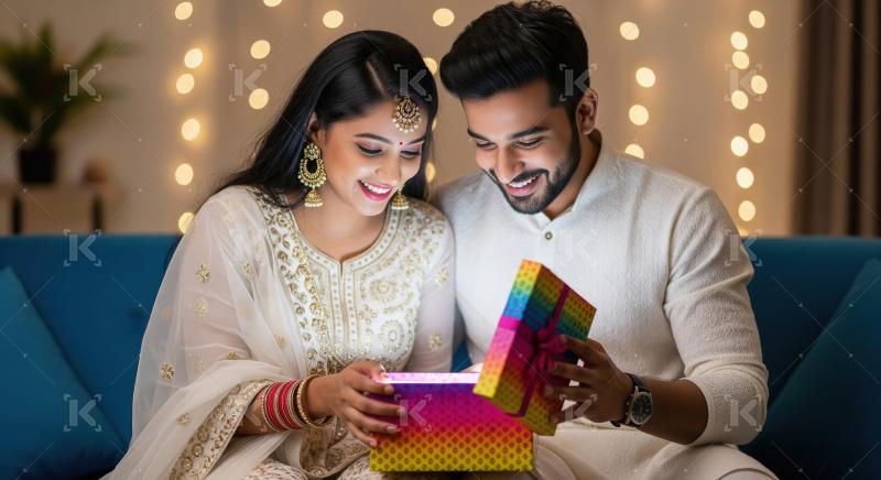 Young indian couple opening gift boxes on diwali festival