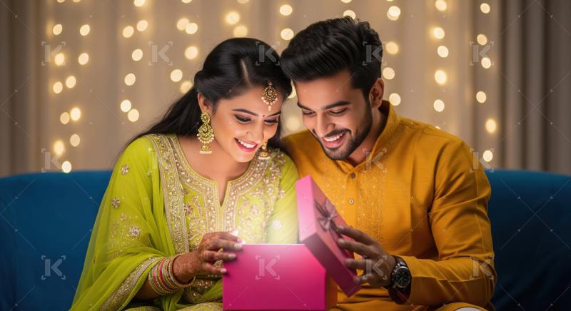 Young indian couple opening gift boxes on diwali festival