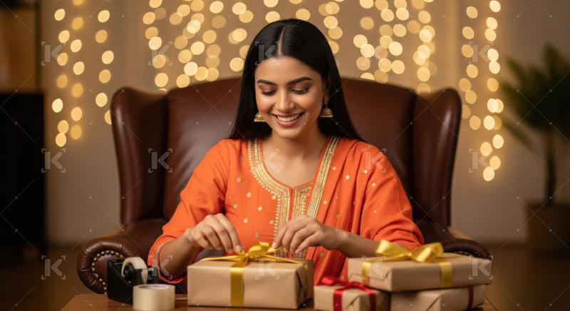 Young indian couple opening gift box on diwali festival