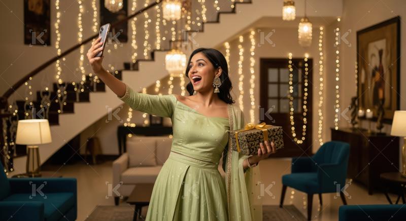 Young indian woman taking selfie with smartphone on diwali festi