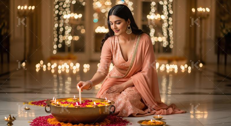 Young indian woman placing diya on diwali festival at home