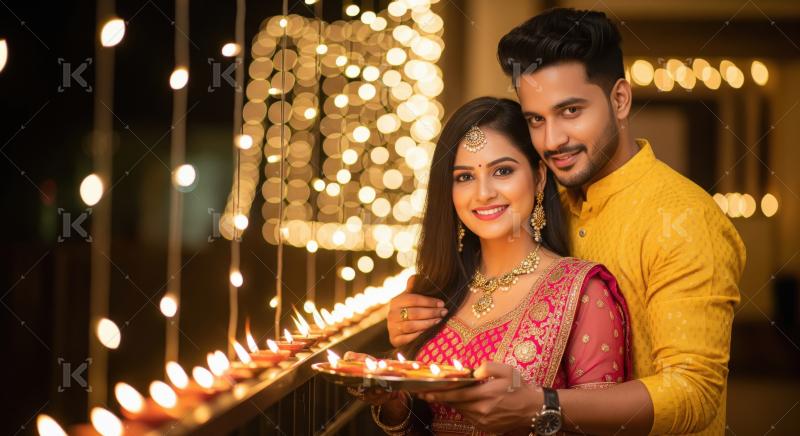 Young indian couple placing diya on diwali festival at home