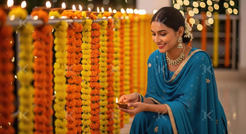 Young indian woman placing diya on diwali festival at home