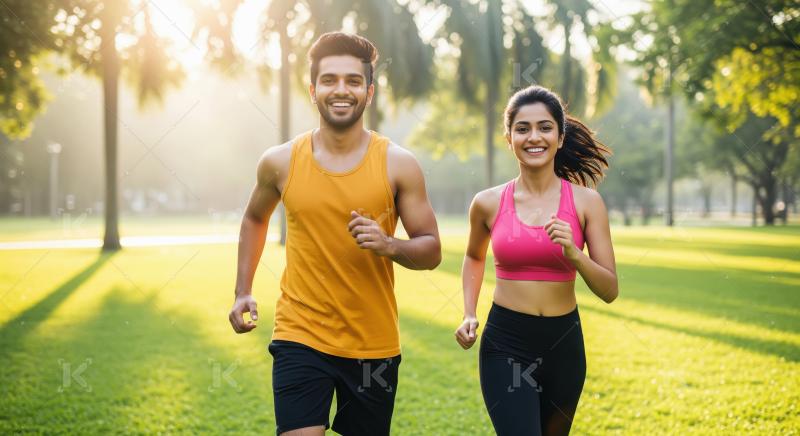 Young indian couple jogging together at park