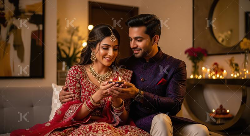 Young indian couple celebrating diwali festival together at home
