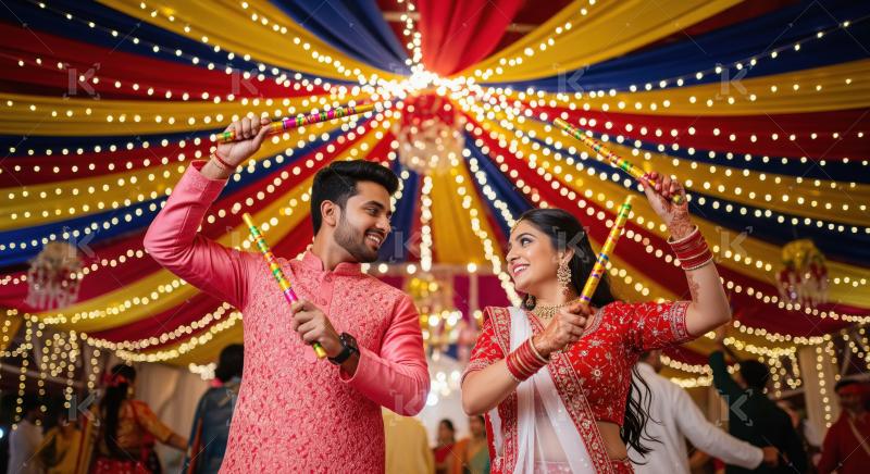Happy young indian couple playing dandiya together in navratri