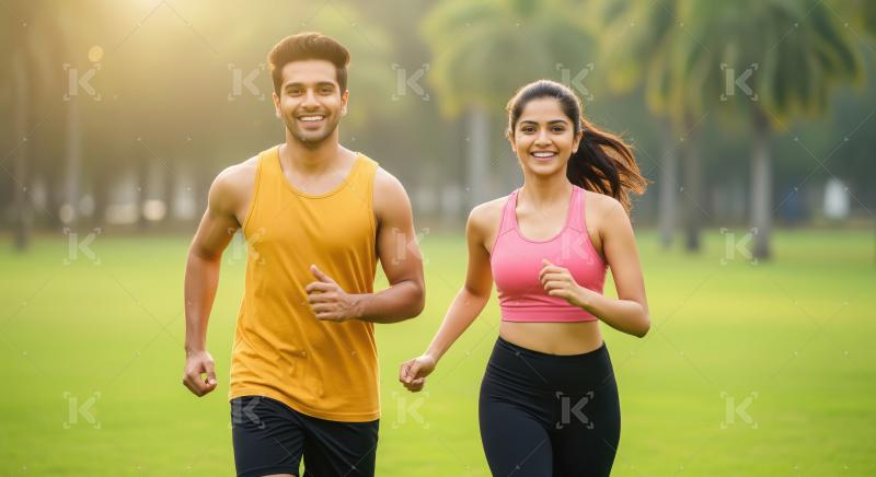 Young indian couple jogging together at park