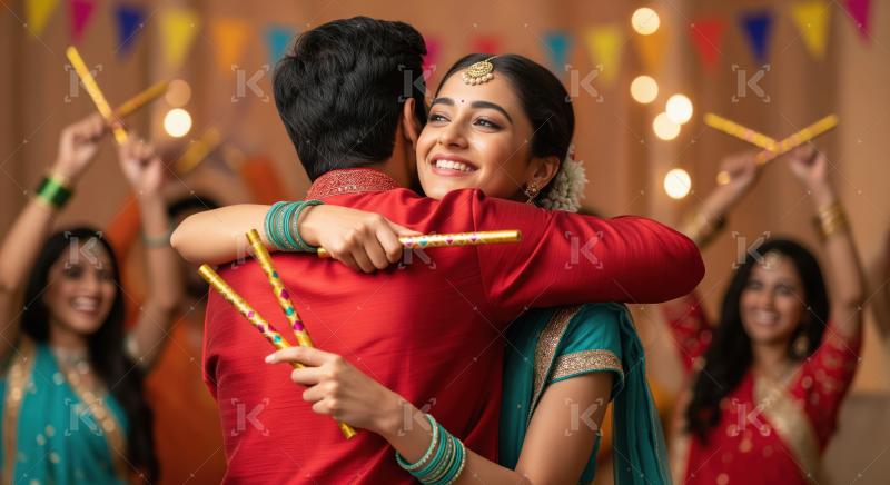 Happy young indian couple playing dandiya together in navratri