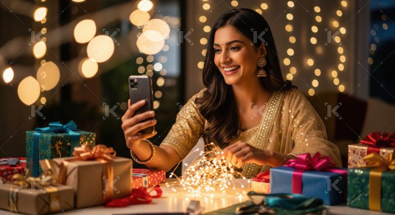 Young indian woman sitting with gift box holding smartphone on d