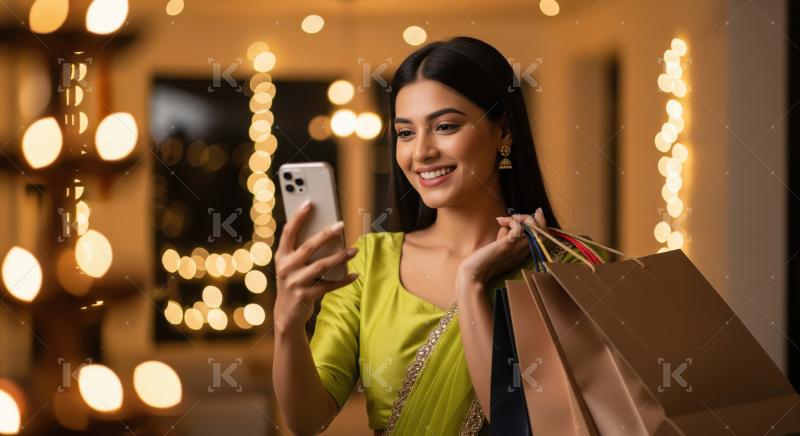 Young indian woman holding shopping bags and using smartphone on