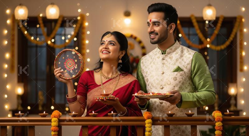 Young indian woman performing the Karwa Chauth ritual for her hu