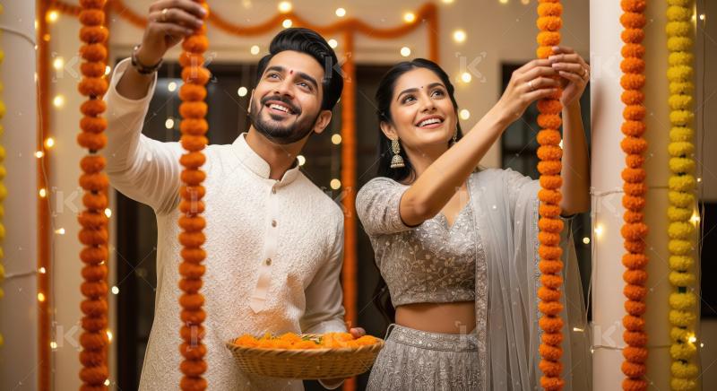 Happy young indian couple celebrating diwali festival together a