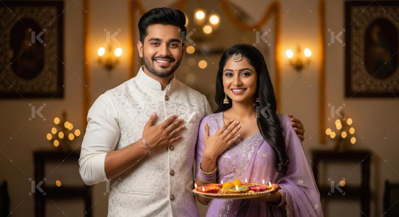 Happy young indian couple celebrating diwali festival together a
