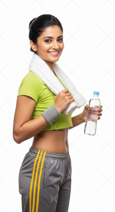 Young indian sporty woman holding water bottle standing on white