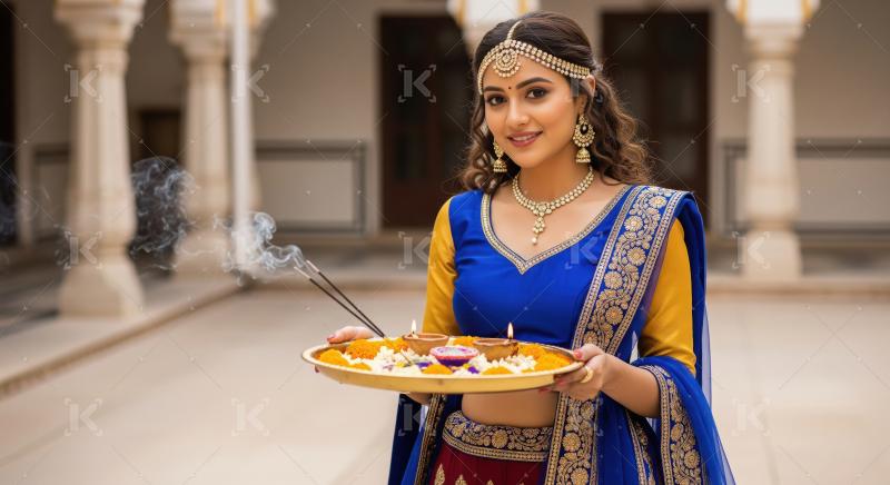 Young indian woman holding pooja thali celebrating diwali festiv