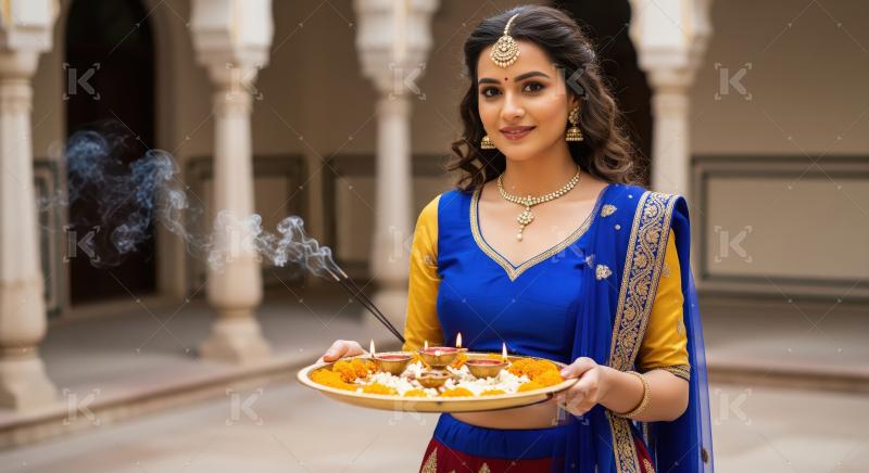 Young indian woman holding oil lamps plate on diwali festival