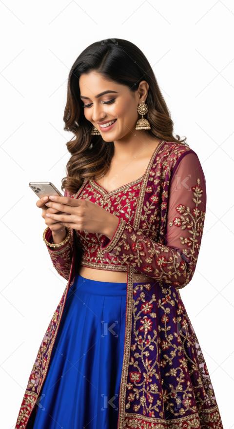 Young beautiful indian woman using smartphone standing on white