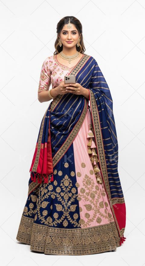 Young beautiful indian woman using smartphone standing on white