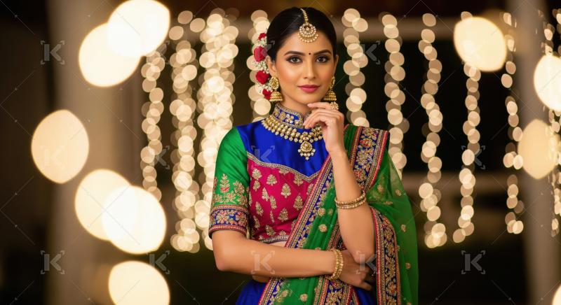 Young beautiful indian woman wearing traditional sari on diwali