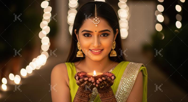 Young indian woman holding oil lamp on diwali festival at home