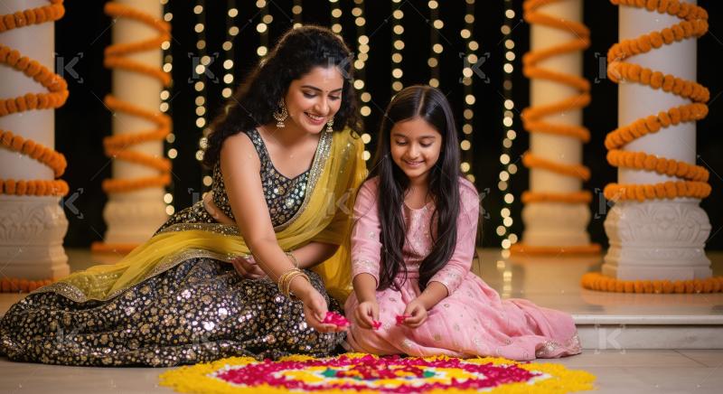 Happy indian mother and daughter celebrating diwali festival tog