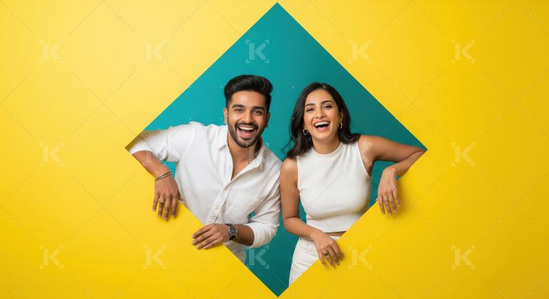 Young indian couple standing with geometric cutout on a colorful