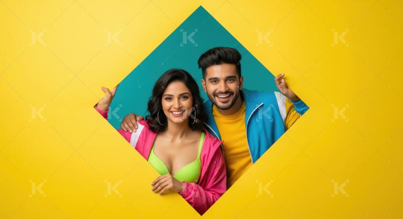 Young indian couple standing with geometric cutout on a colorful