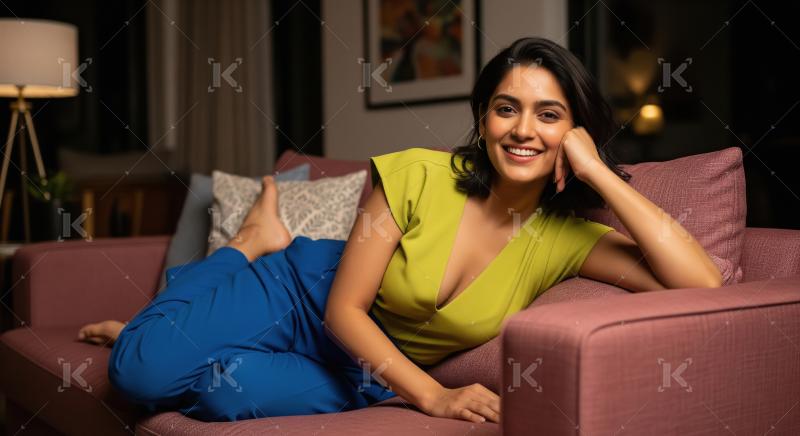 Young beautiful indian woman laying on sofa at home