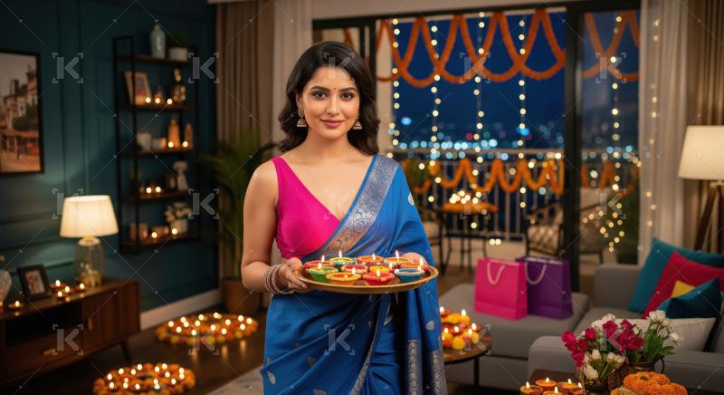 Young indian woman holding pooja thali celebrating diwali festiv