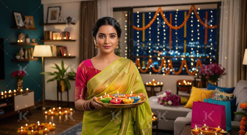 Young indian woman holding pooja thali celebrating diwali festiv