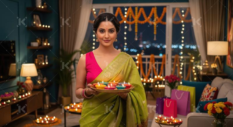 Young indian woman holding pooja thali celebrating diwali festiv
